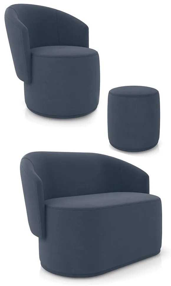 Sofá Namoradeira com Poltrona e Puff Orgânico Sala Malu Suede M11 - D'Rossi - Azul Marinho