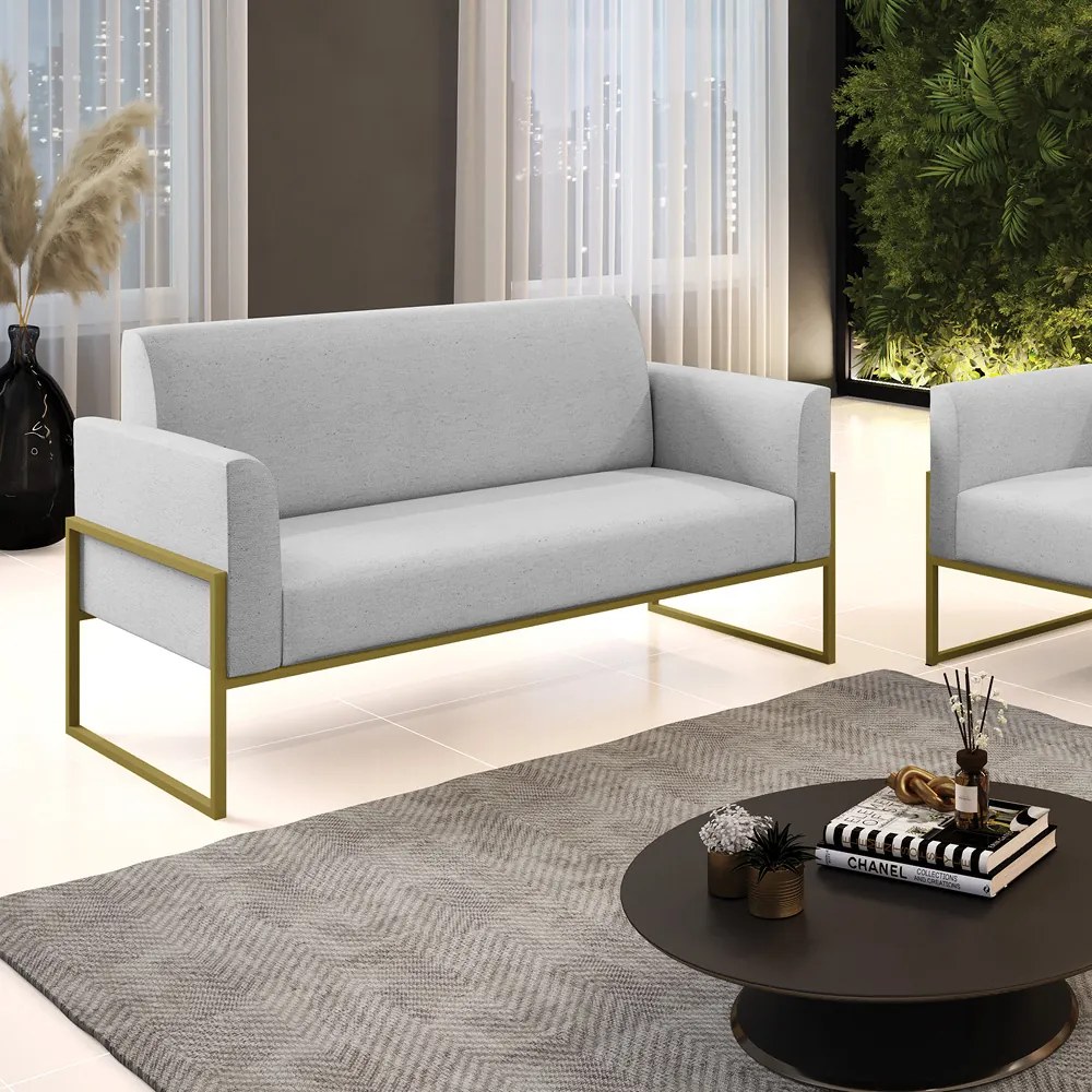 Sofá Namoradeira Base Industrial Alta Dourado Marisa Linho - A05 Cinza