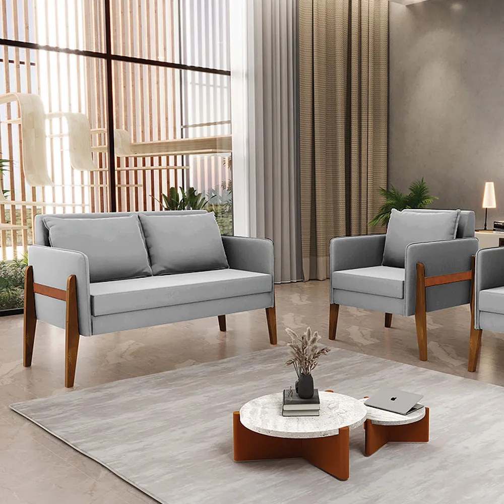 Kit 1 Sofá Namoradeira e 1 Poltrona Lana Suede Cinza Base de Madeira - D'Rossi