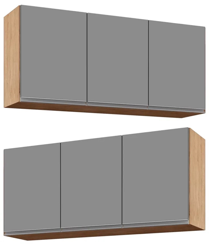 Kit 2 Armários Aéreo de Cozinha Lavanderia 03 Portas Tina 120 cm - D'Rossi - Castanho e Cinza