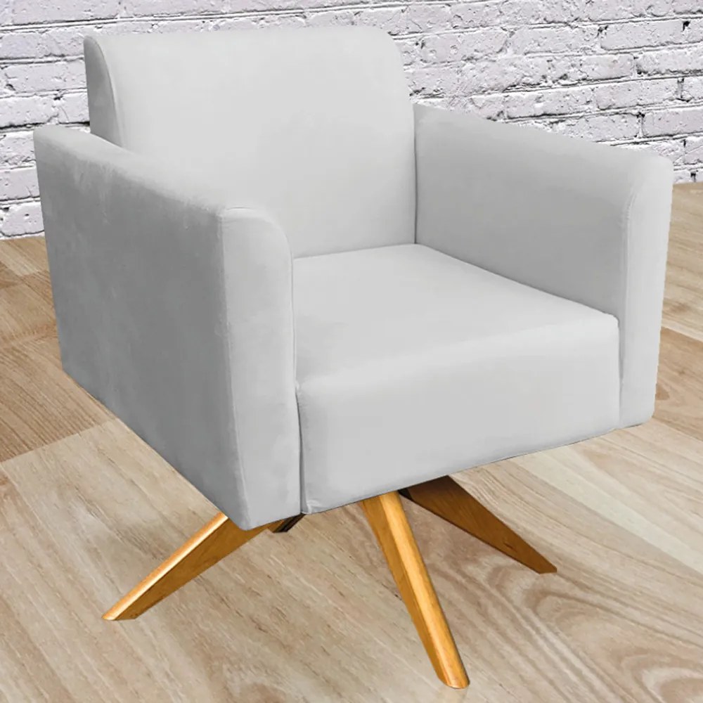 Poltrona Decorativa Isabella Base Giratória Madeira Suede Cinza G19 - Gran Belo