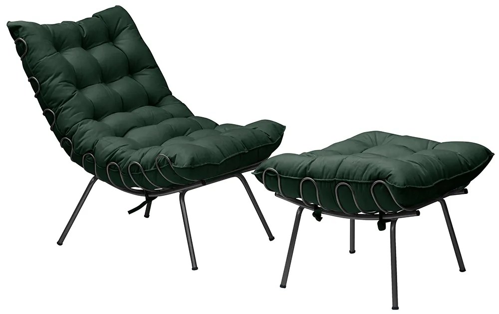 Conjunto Decorativo Poltrona e Puff Abel Base de Ferro Preto Suede Verde G41 - Gran Belo