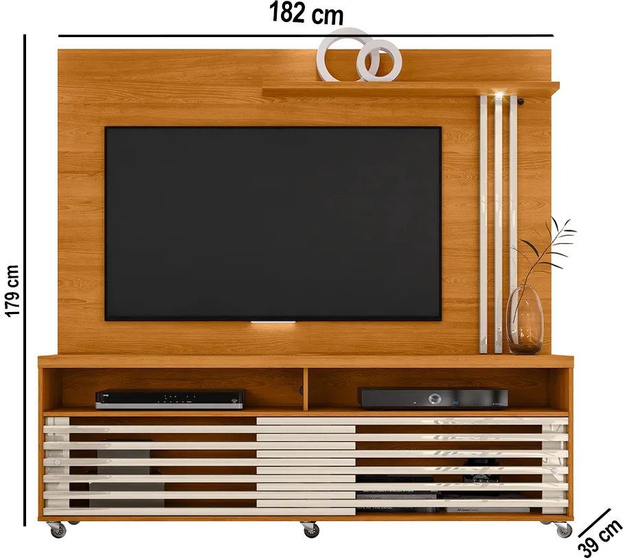 Estante de TV 65 Pol 182cm com Rodízio para Sala Nerion M20 - D'Rossi - Cinamomo(fosco)/Off White(brilho)