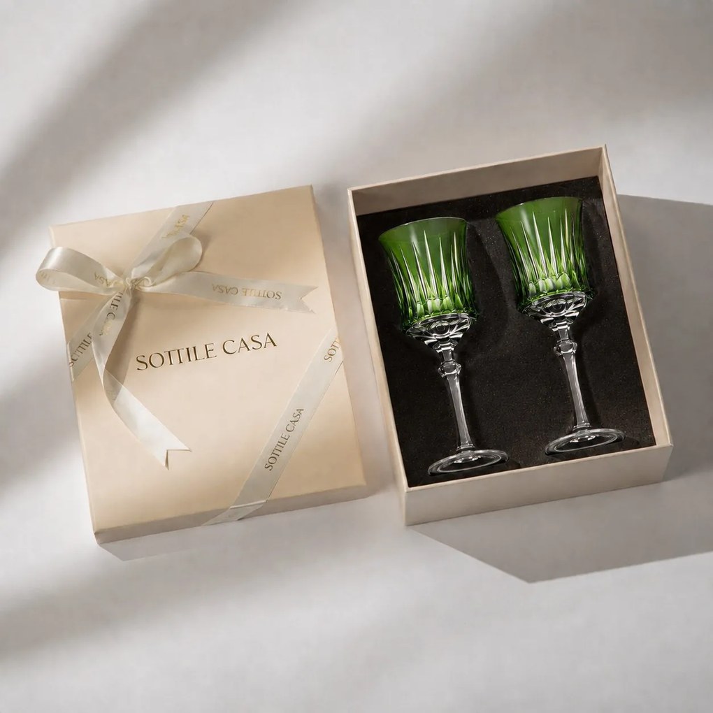 Kit 2 Taças de Cristal Lapidado 66 p/ Vinho Branco c/ Caixa de Presente - Verde Claro Verde Claro