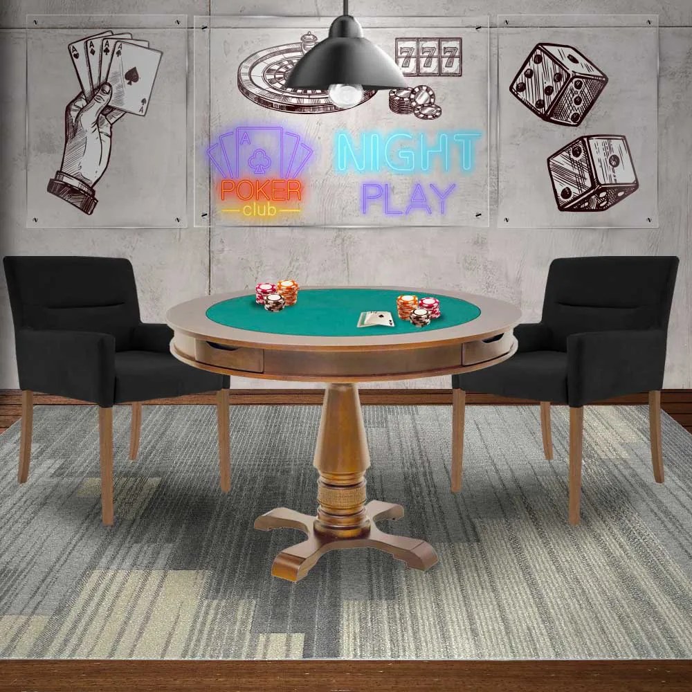 Mesa de Jogos Carteado Victoria Redonda Tampo Reversível Amêndoa com 2 Cadeiras Vicenza Preto Fosco G36 G15 - Gran Belo