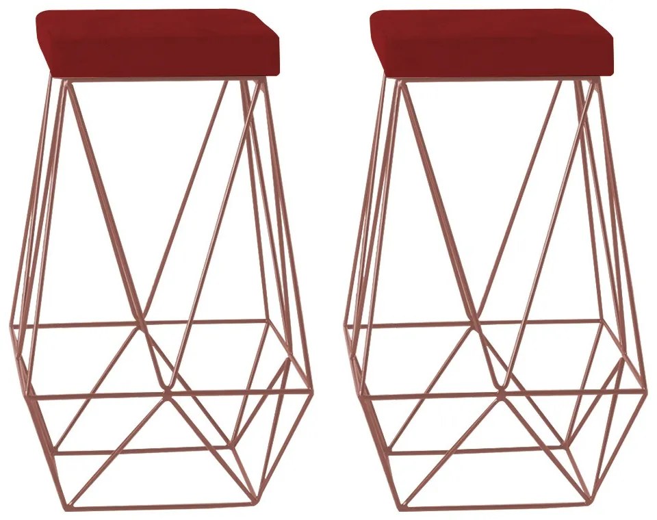 Kit 2 Banqueta Decorativa Kathy Base Bronze Veludo Vermelho G41 - Gran Belo
