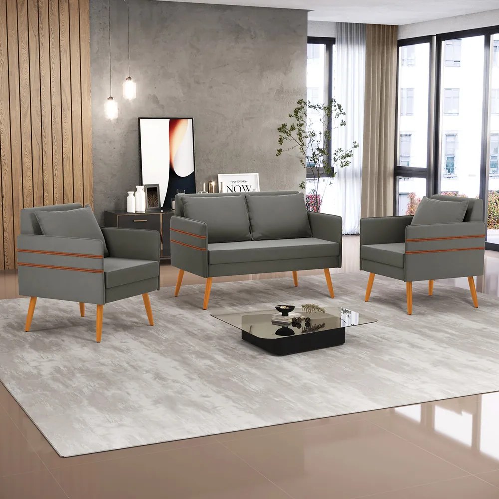 Kit 1 Namoradeira 02 Lugares e 2 Poltronas Mari Suede Grafite Pés Palito Castanho - D'Rossi