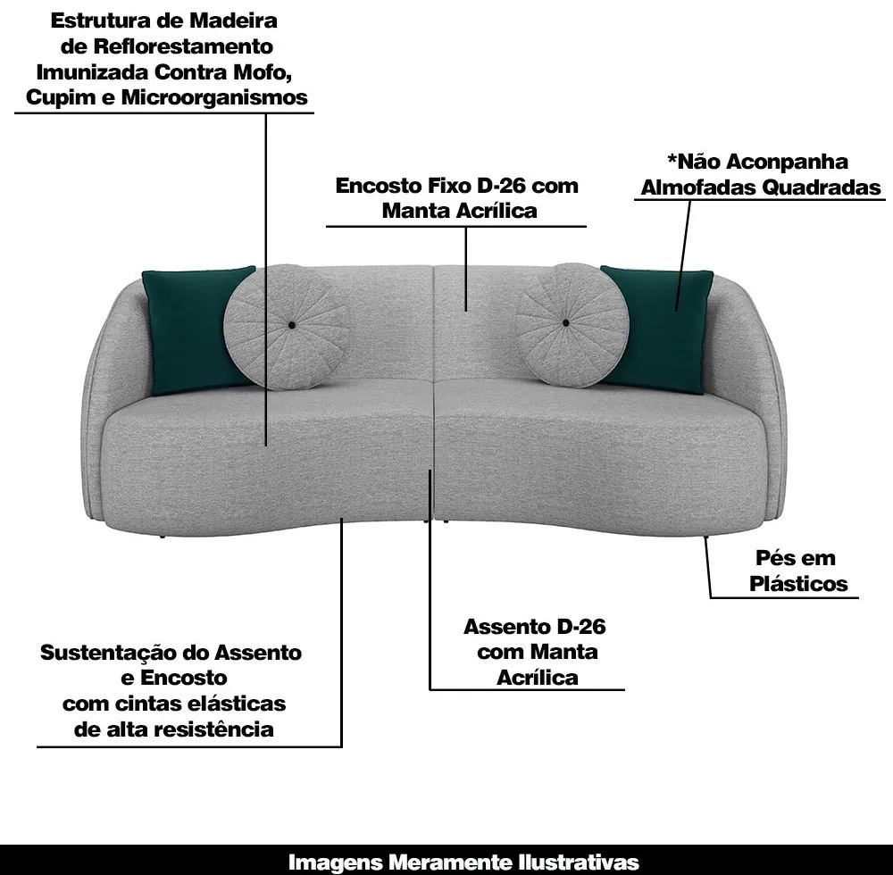 Sofá Decorativo 240cm com Almofadas Redondas Clarke Linho Cinza G45 - Gran Belo