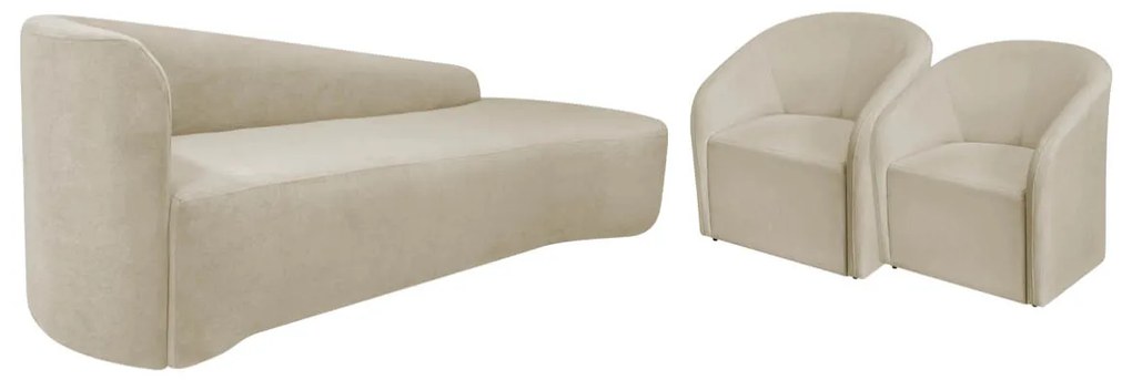 Kit Sofá Curvo França 180cm LD. e 2 Poltronas Luiza Max Conforto, Elegância e Design Moderno Linho