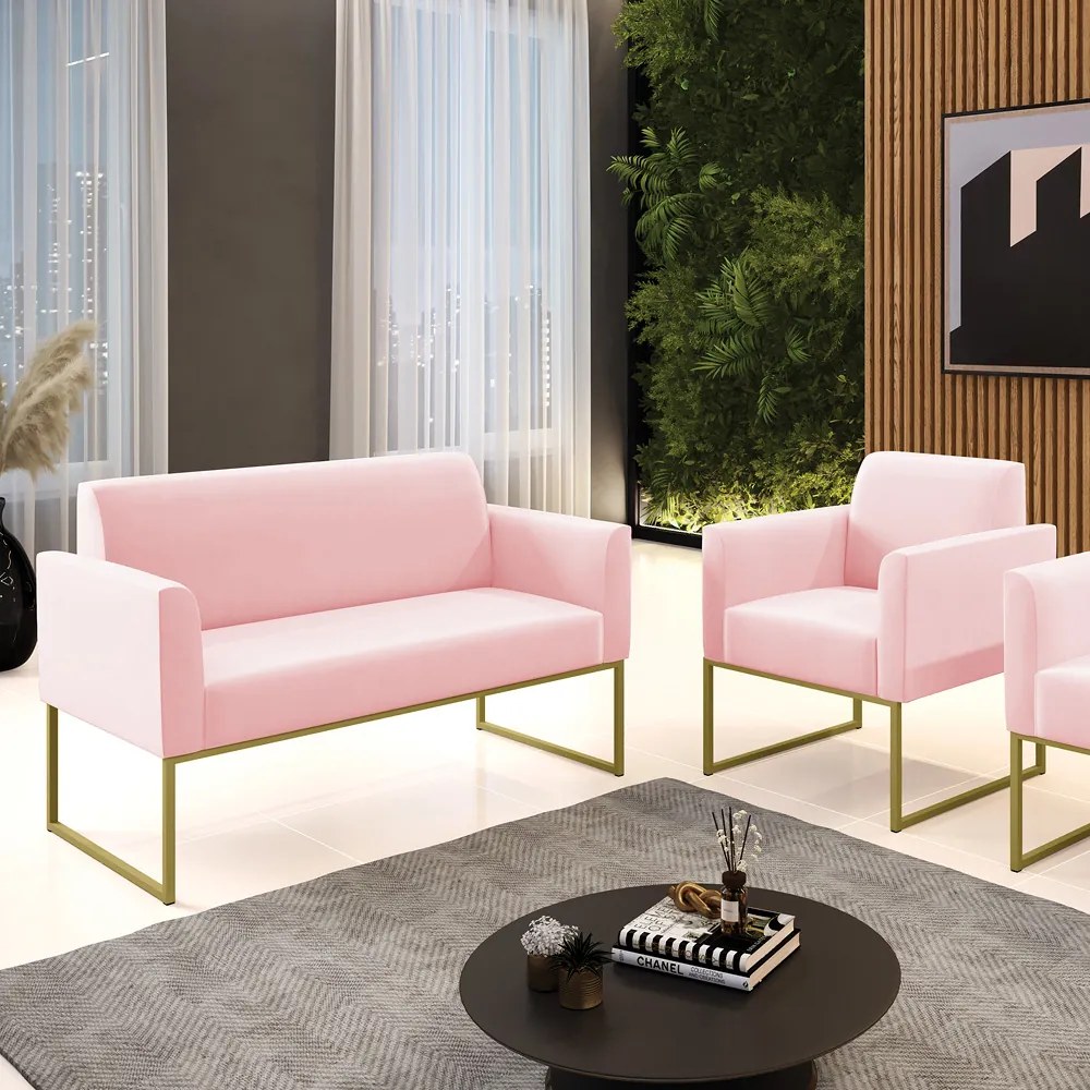 Sofá Namoradeira com Poltrona Base Industrial Dourado Marisa Suede Rosa Bebê D03 - D'Rossi