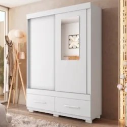 Guarda Roupa Solteiro 137cm 2 Portas Espelho Darius Branco C01 - Mpoze