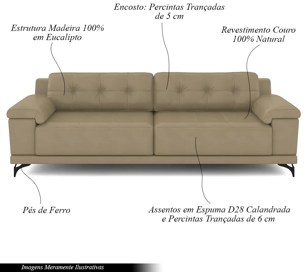 Sofá Living 3 lugares 232cm Agostino Pés Design em Ferro Couro Bege G52 - Gran Belo