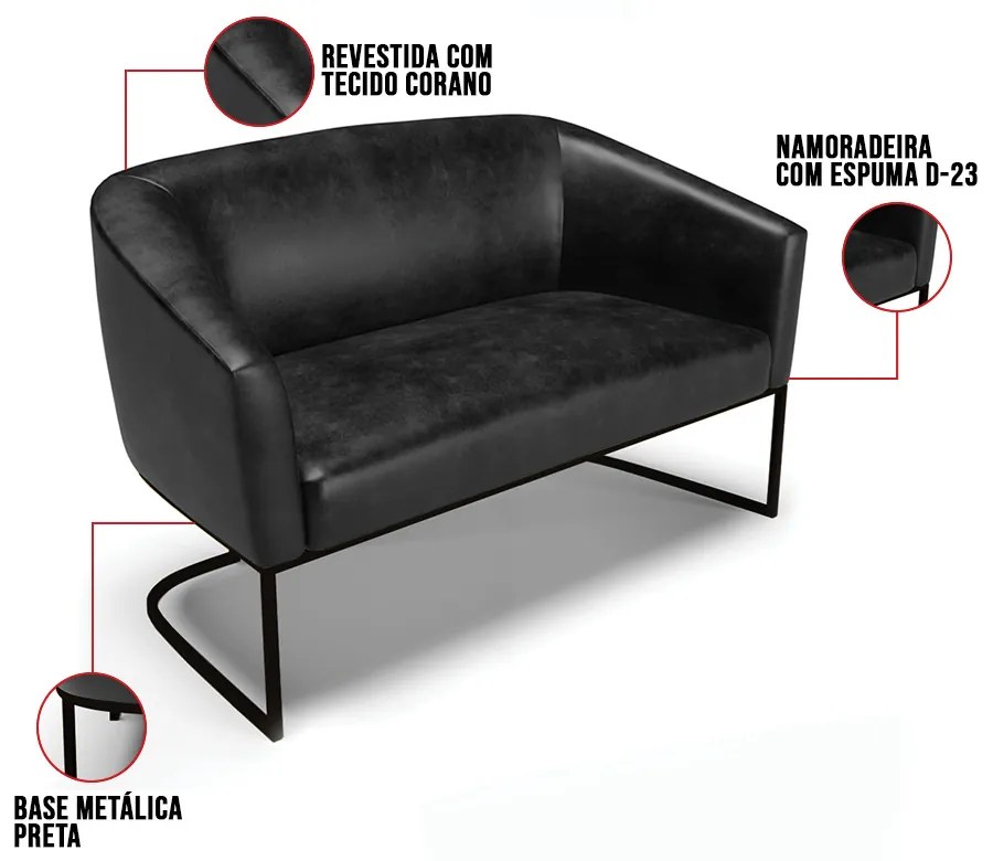 Sofá 2 Lugares Namoradeira Industrial Preto Stella Sintético PU Preto D03 - D'Rossi