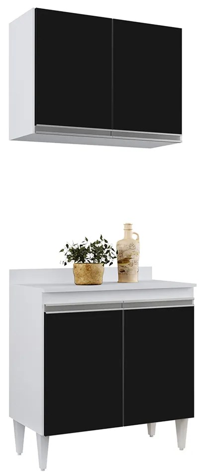 Kit Armário Aéreo e Balcão de Cozinha Lavanderia com Tampo 02 Portas Loren 80 cm - D'Rossi - Branco e Preto