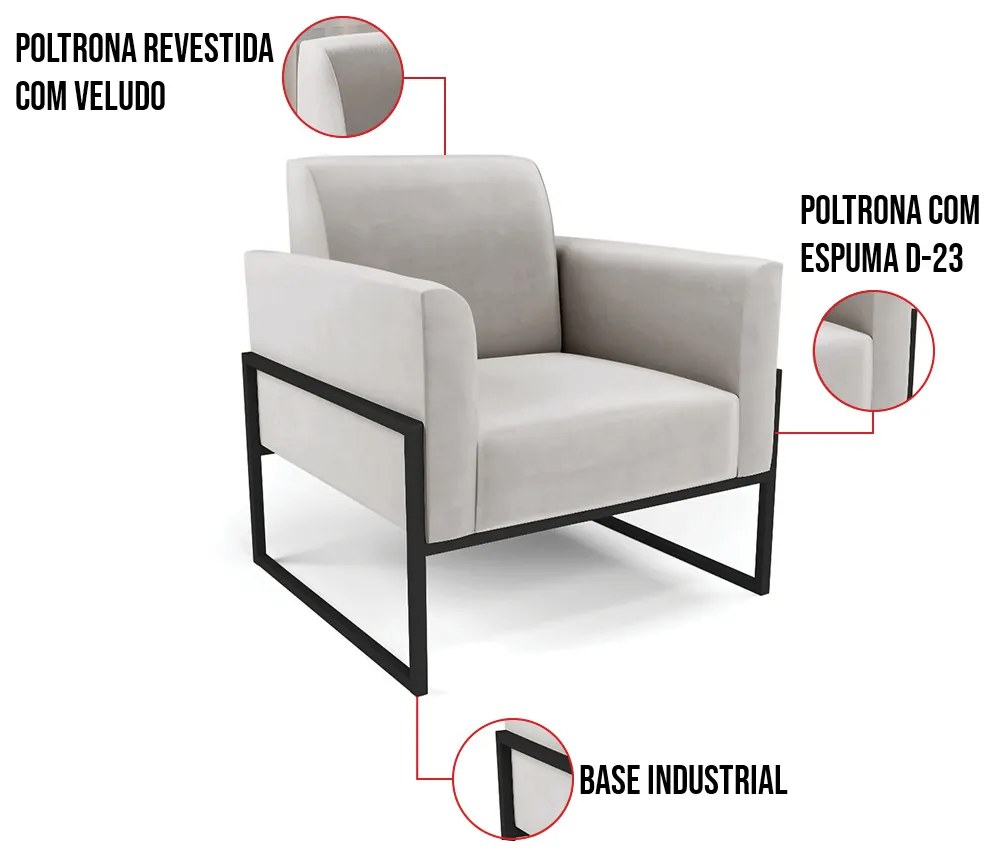 Kit 2 Poltronas Base Industrial Alta Preto Marisa Veludo D03 - D'Rossi - Cinza