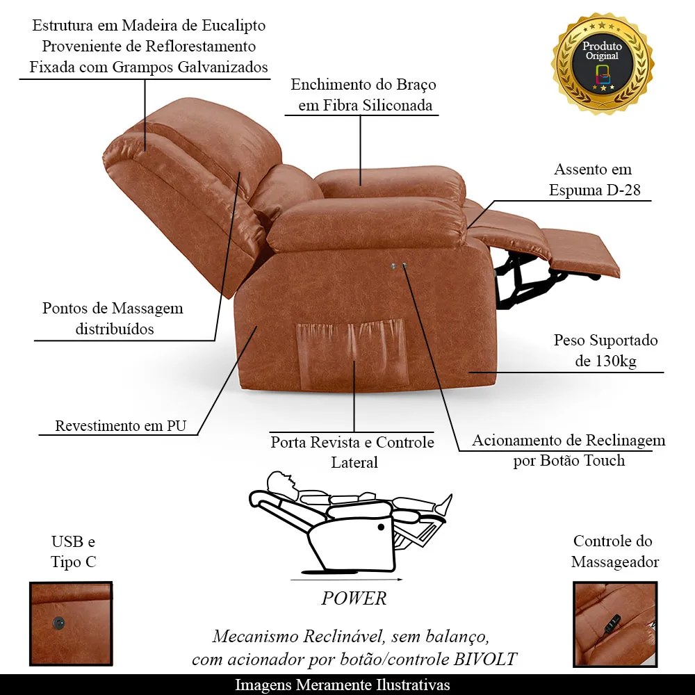 Poltrona do Papai Reclinável Sala de Cinema Madrid Power Touch Massagem USB PU Caramelo Brilho G23 - Gran Belo