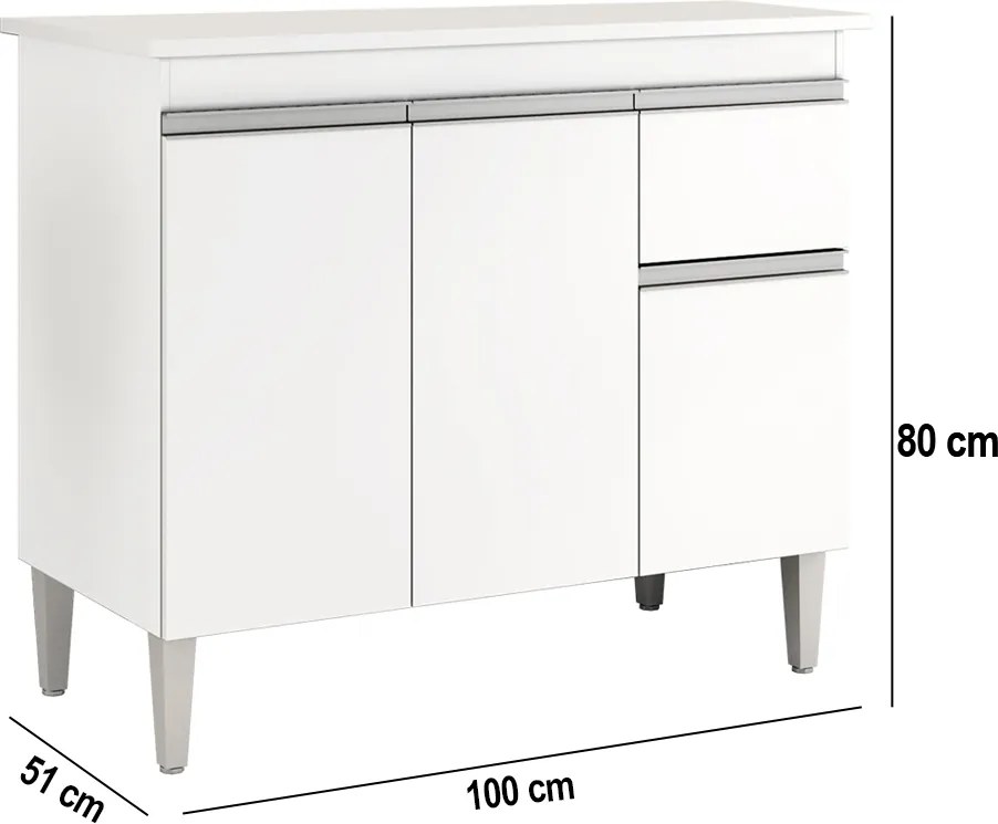 Balcão Cozinha com Tampo 100cm 3 Portas Taylla A01 - D'Rossi - Branco