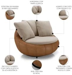 Poltrona para Sala Giratória Redonda Saphire Z32 Veludo Bege/Caramelo