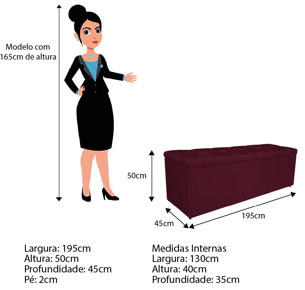 Calçadeira Estofada Manchester 195 cm King Size Suede Bordô - ADJ Decor