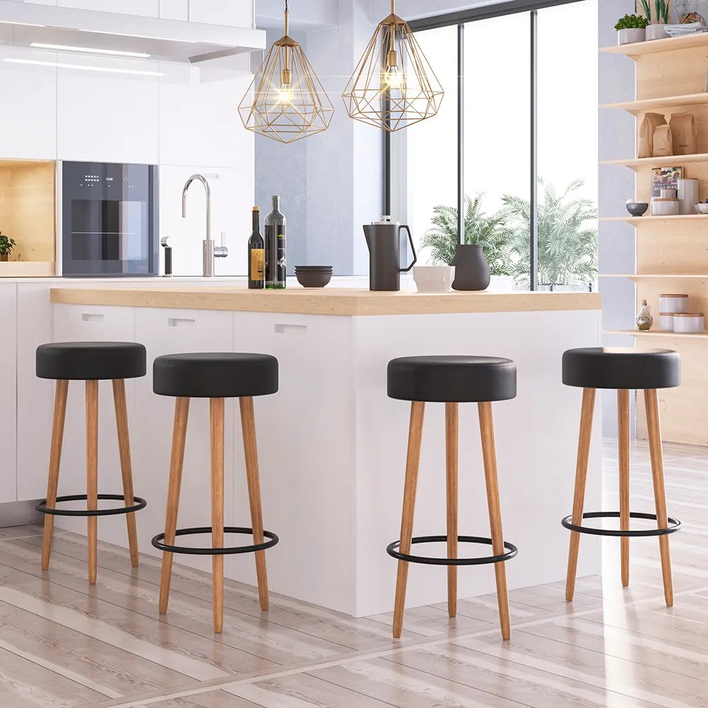 Banqueta Alta para Cozinha Base Madeira Kit 4 Dani Sintético PU Preto - D'Rossi
