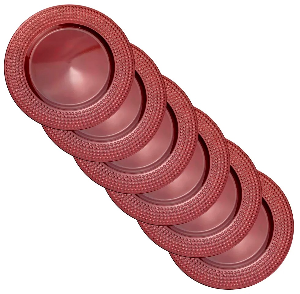 Kit 6 Sousplats de Plástico Vermelho com Relevo Lateral 33 cm F04 - D'Rossi