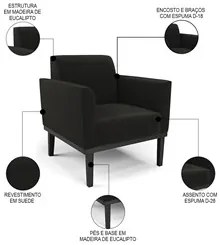Sofá Namoradeira e 1 Poltrona Base Madeira Preto Maressa Suede Preto -