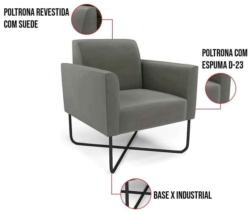 Poltrona Base X Industrial Preto Marisa Suede - Grafite