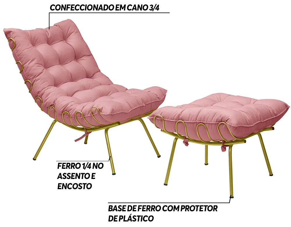 Conjunto Decorativo Poltrona e Puff Abel Base de Ferro Dourada Suede Rosa G41 - Gran Belo