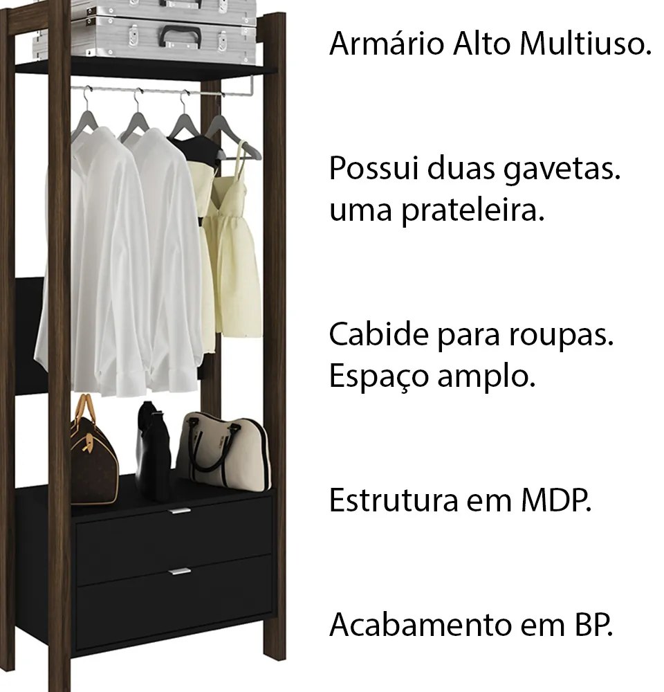 Armário Alto Closet para Escritório Home Office AZ1011 MDP Preto/Nogal G69 - Gran Belo