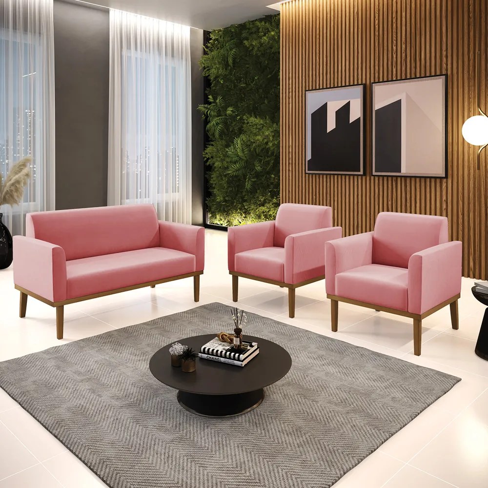 Sofá Namoradeira com 2 Poltronas Base de Madeira Fixa Castanho Marisa Suede D03 - D'Rossi - Rose