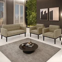 Sofá Namoradeira e 2 Poltronas Base Madeira Preto Ana Suede Marrom RT
