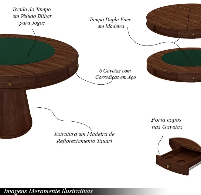 Conjunto Mesa de Jogos Carteado Bellagio Tampo Reversível Verde e 6 Cadeiras Madeira Poker Base Cone Linho Cinza/Imbuia G42 - Gran Belo