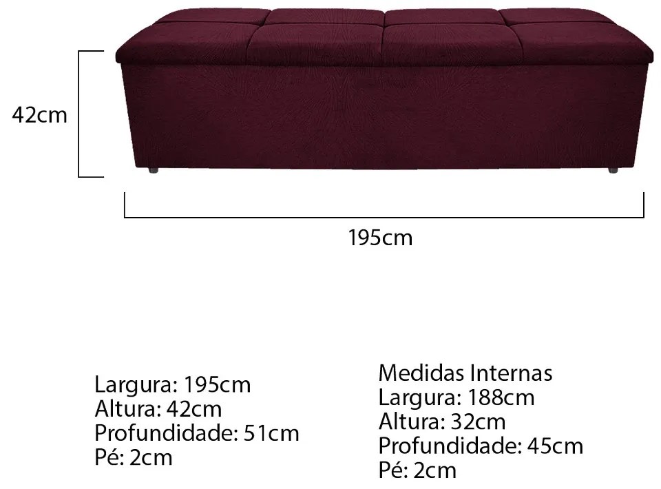 Calçadeira Munique 195 cm King Size Suede Bordô - ADJ Decor