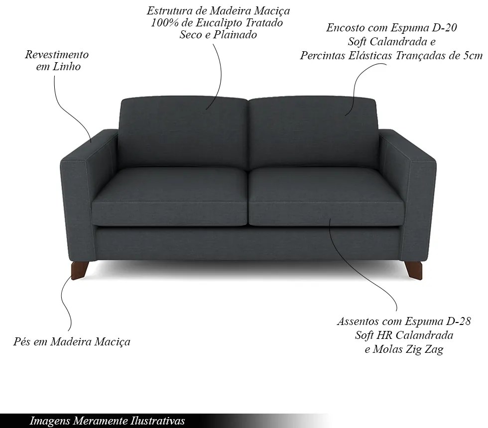 Sofá Sala de Estar Living 3 Lugares 200cm Presley Pés Madeira Linho Cinza Escuro G52 - Gran Belo