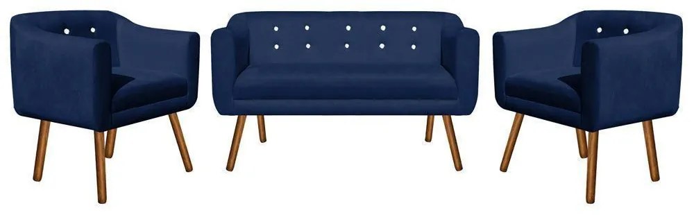Kit 01 Namoradeira 02 Lugares e 02 Poltronas Julia Suede Azul Marinho com Strass Pés Palito Castanho D'Rossi