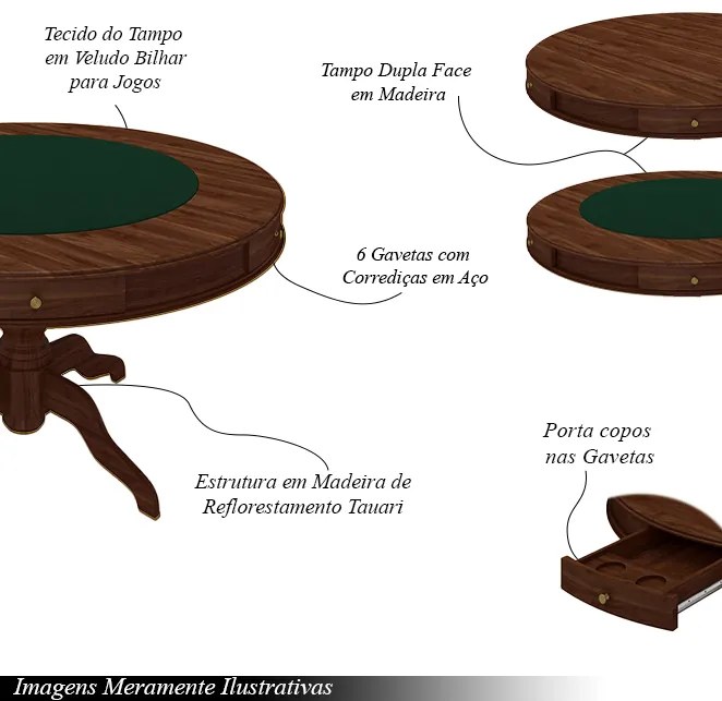 Conjunto Mesa de Jogos Carteado Bellagio Tampo Reversível e 6 Cadeiras Madeira Poker Base Estrela Veludo Preto/Imbuia G42 - Gran Belo