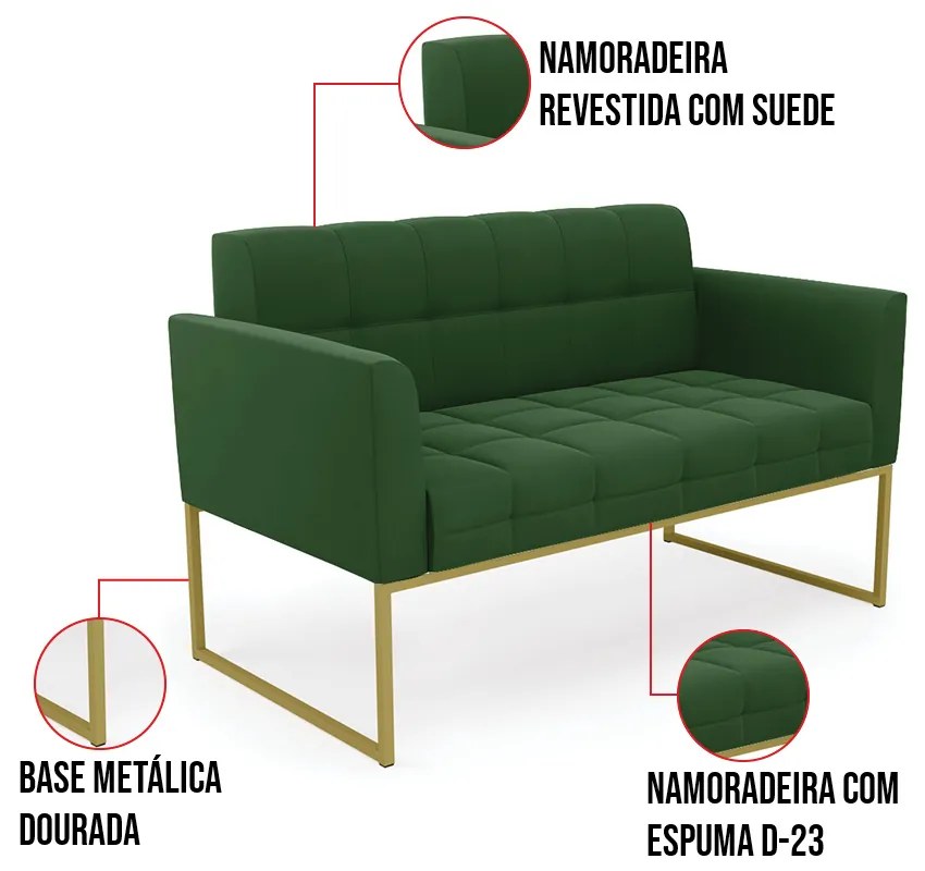 Kit 1 Sofá Namoradeira e 1 Poltrona Elisa Suede Base Metálica Industrial Dourado - D'Rossi - Verde