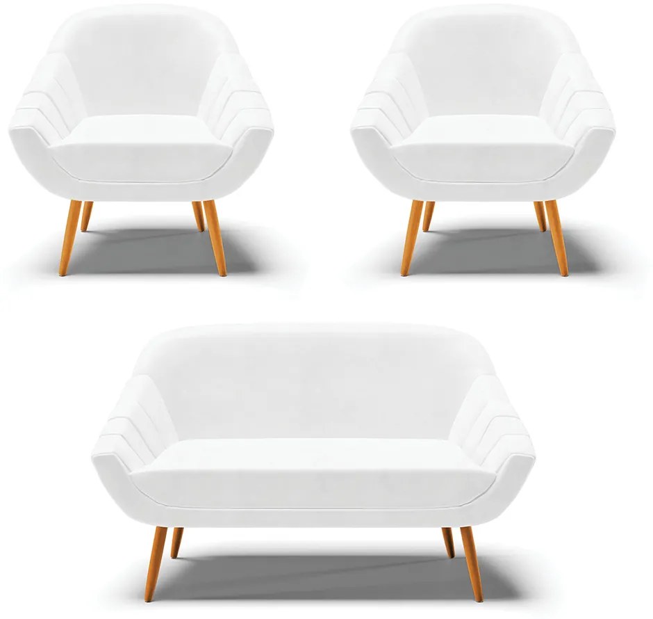 Kit 01 Namoradeira 02 Lugares e 02 Poltronas Giovana Corano Pés Palito Castanho - D'Rossi - Branco