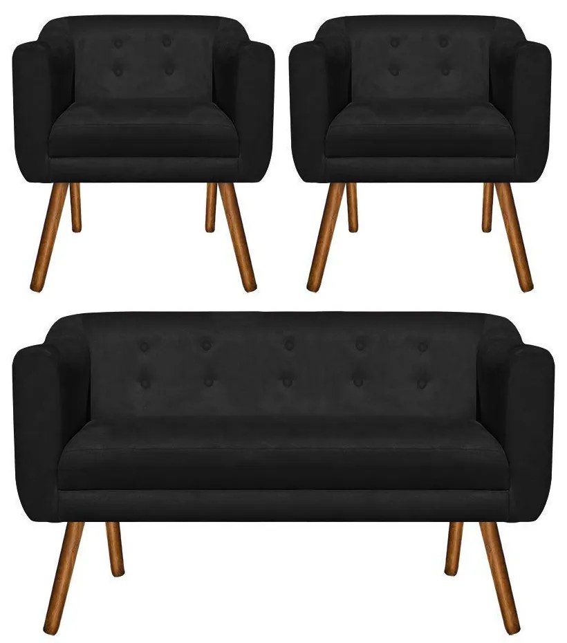 Kit 01 Namoradeira 02 Lugares e 02 Poltronas Julia Suede Preto Pés Palito Castanho D'Rossi