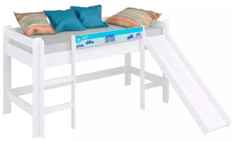 Cama Infantil Elevada Com Escorregador E Cortina Azul - Branco