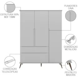 Guarda Roupa Infantil 100% MDF 3 Portas Pés Retrô Mel Z39 Cinza - Mpoz