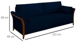 Sofá Living 3 Lugares 222cm Pés Madeira Roya Z32 Veludo Azul Marinho -