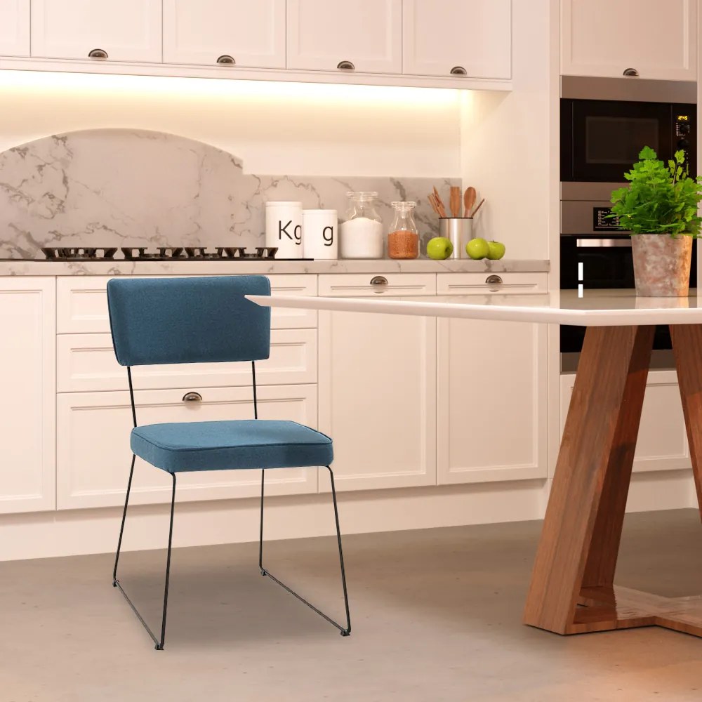 Cadeira de Jantar Decorativa Base Aço Preto Luigi Linho Azul Jeans G17 - Gran Belo