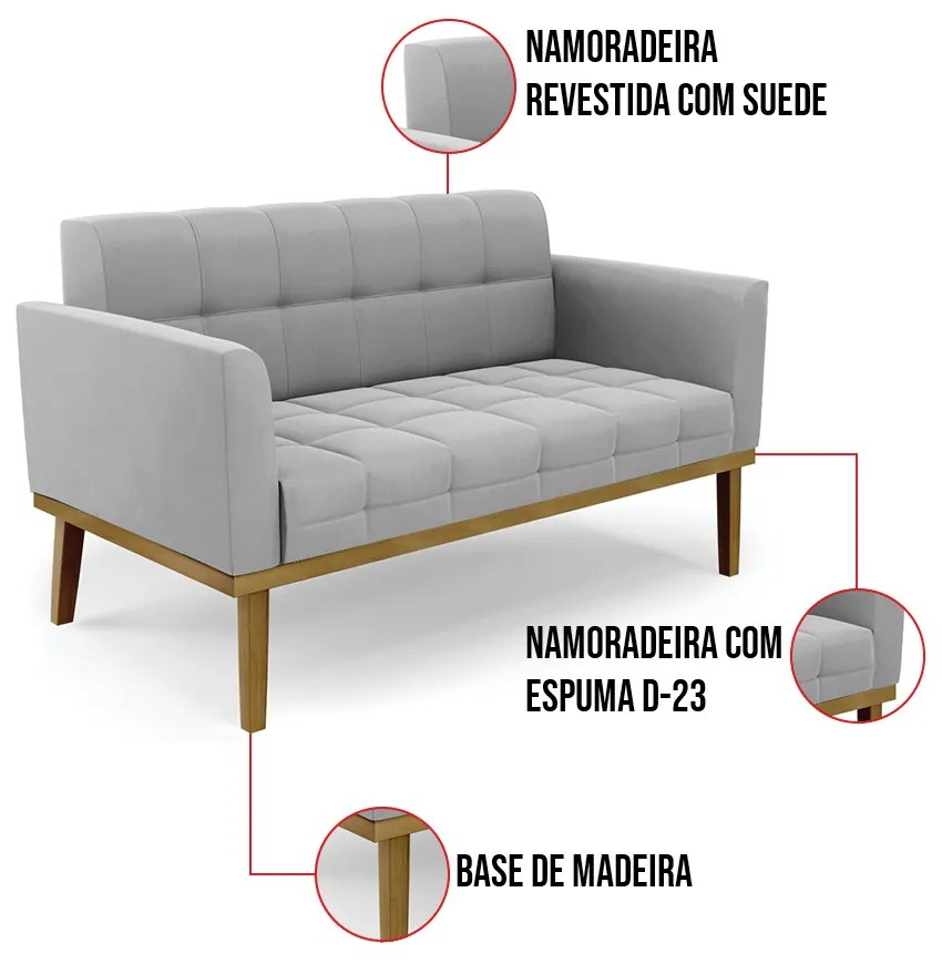 Sofá Namoradeira Base de Madeira Castanho Elisa Suede D03 - D'Rossi  - Cinza