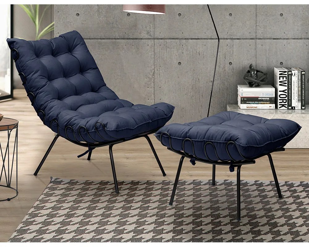 Puff Decorativo Sala de Estar Abel Pés Preto Veludo Azul G41 - Gran Belo