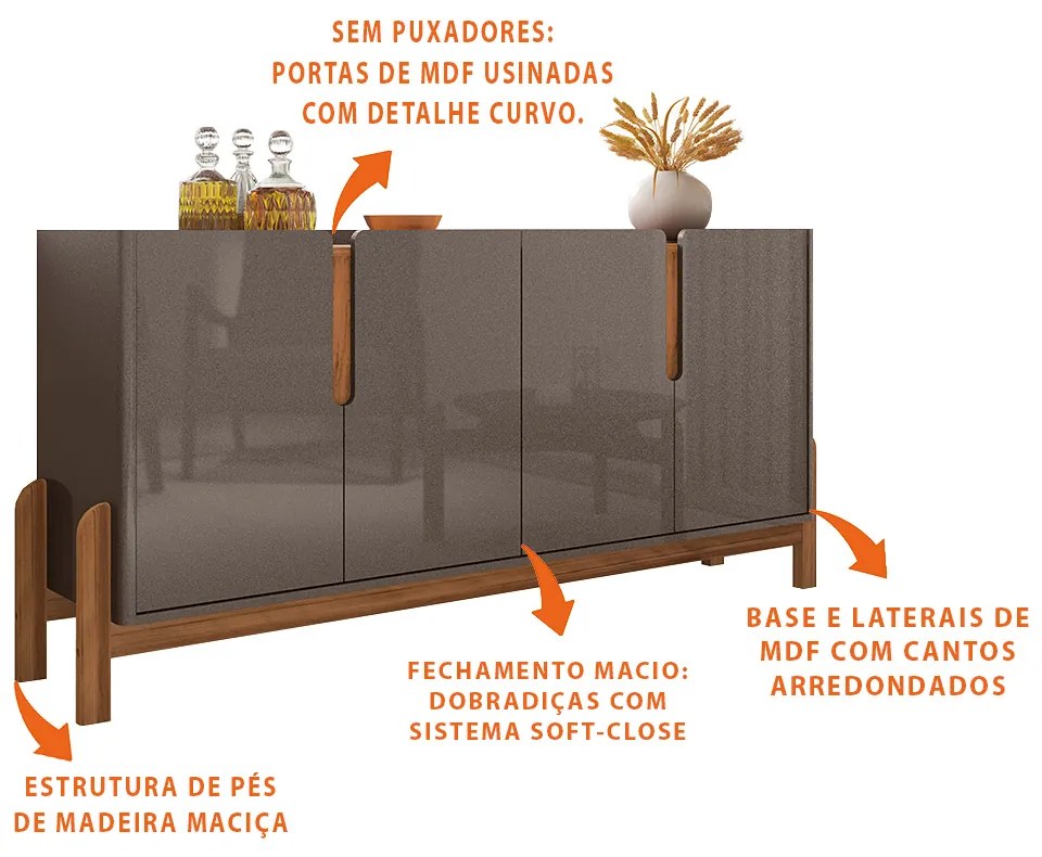 Aparador Buffet 4 Portas Belle 170cm Cinza Pérola e Cedro C02 - D'Rossi