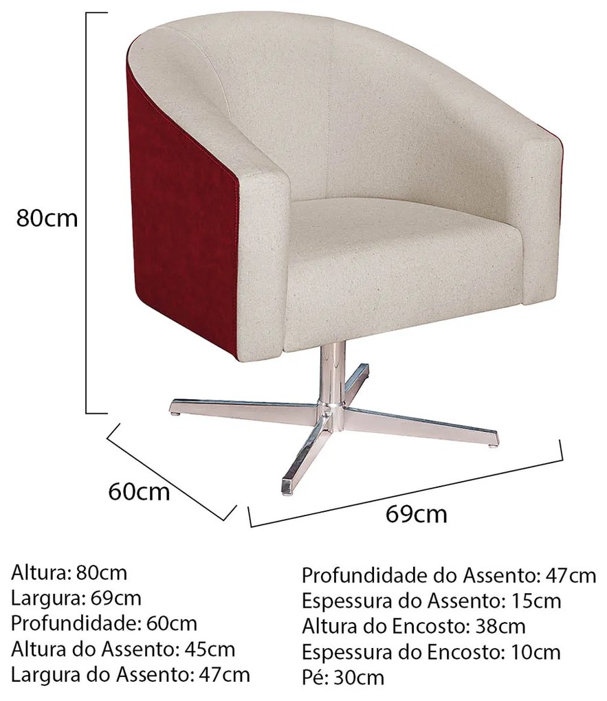 Poltrona Luiza Base Giratória de Metal Factor Vermelho e Linho - ADJ Decor