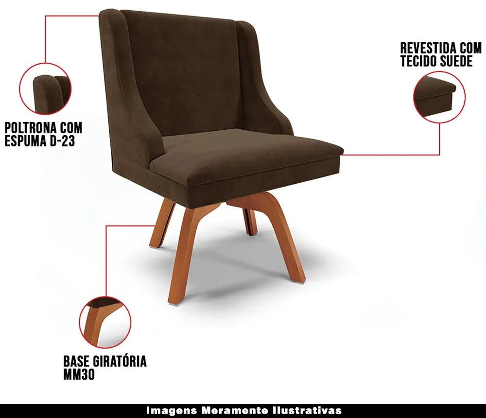 Kit 6 Cadeiras Decorativas Sala de Jantar Base Giratória de Madeira Firenze Suede Marrom/Natural G19 - Gran Belo