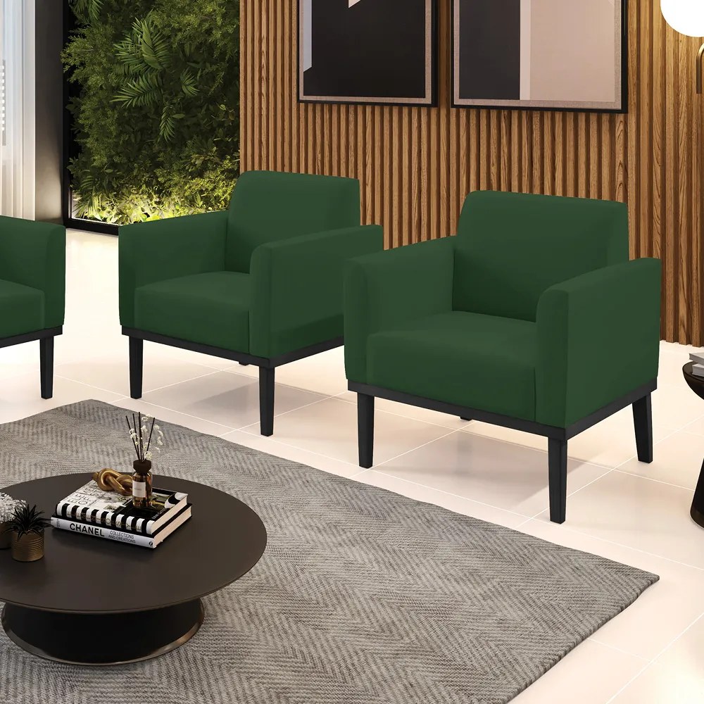 Kit 2 Poltronas Decorativas Isabella Pés Fixo em Madeira Preto Veludo Verde Esmeralda G19 - Gran Belo