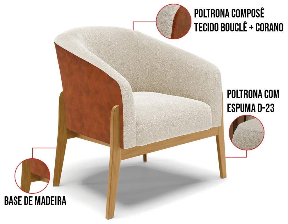 Poltrona Decorativa Base Madeira Stella PU Nozes/Bouclê D03 - D'Rossi - Bege